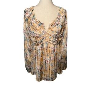 Mittoshop Babydoll Fairy Peasant Mini Dress‎ Long Puff Sleeve Floral XL Boho